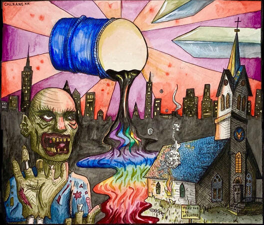 Pray for the Afflicted. Watercolor and ink on paper. August 2020.